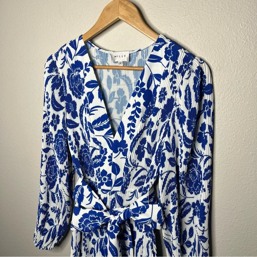 Milly Blue Liv Flowers of Spain Long Sleeve V Neck Pleated Mini Dress - Picture 7 of 13